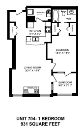 One bedroom, one bathroom apartment layout at The Conservatory in Kelowna, BC