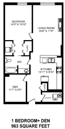One bedroom, one bathroom apartment layout at The Conservatory in Kelowna, BC