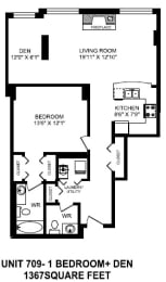 One bedroom plus den, one bathroom apartment layout at The Conservatory in Kelowna, BC