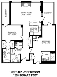 Two bedroom, two bathroom apartment layout at The Conservatory in Kelowna, BC