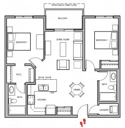 Two bedroom, two bathroom apartment layout at Giroux Estates in St. Albert, AB
