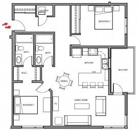 Two bedroom, two bathroom apartment layout at Giroux Estates in St. Albert, AB