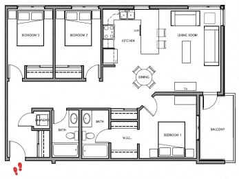 Three bedroom, two bathroom apartment layout at Giroux Estates in St. Albert, AB