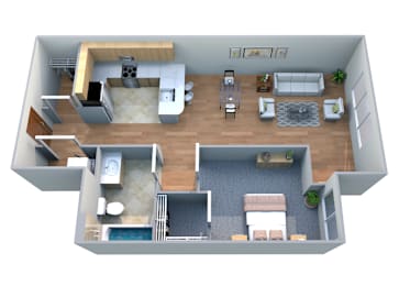 Floor Plan  A 3D floor plan of a house with a kitchen, living room, dining room, and bathroom at Soren Ballard