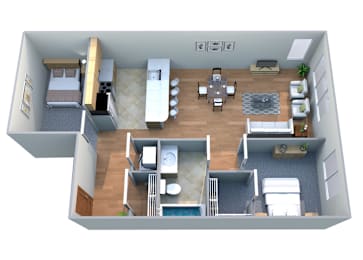 Floor Plan  A 3D rendered image of a small 1 bedroom apartment layout