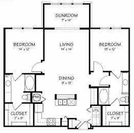 Two B with Sunroom Floor Plan| 1,213 sq.ft. | The Reserve on Cave Creek