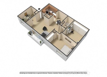 3 Bedroom 1 Bath 1,006 Sq. Ft. 3D Floor Plan at Waterstone Place Apartments, Indiana, 46229