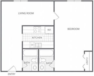 Floor Plan 1 Bed 2 Bath - HC-C