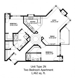 Two Bedroom floor plan at The Bluffs at Nine Mile Creek, Eden Prairie