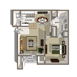 One Bedroom Floor Plan at The Resort At Lake Crossing Apartments, PRG Real Estate, Lexington, Kentucky