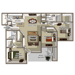 Three Bedroom Floor Plan at The Resort At Lake Crossing Apartments, PRG Real Estate, Kentucky