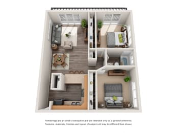 Our 2 bedroom, 1 bathroom floor plan at Scandia Apartments, Englewood, 80113