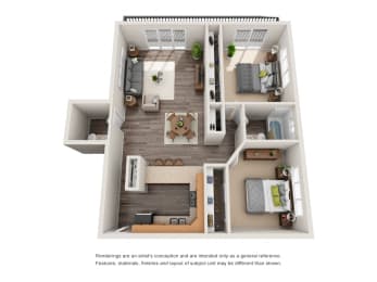 2 bedroom, 1.5 bathroom floor plan at Scandia Apartments, Englewood Colorado