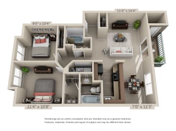 2 Bedroom 2 Bathroom Floor Plan at Oak Hill Apartments, Oregon