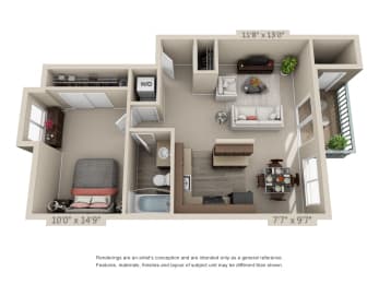 1 Bed 1 Bath Floor Plan at Oak Hill Apartments, Oregon, 97229