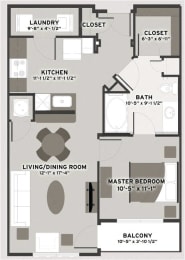 Main 1 Bedroom 1 Bathroom Floor Plan at Residences at The Streets of St. Charles Apartments in St. Charles, MO, 63303