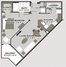 MulHolland One Bed One Bath Floor Plan at Residences at The Streets of St. Charles Apartments in St. Charles, 63303
