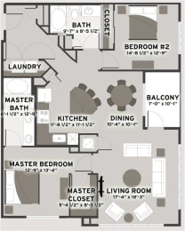 Pike Two Bed Two Bath Floor Plan at Residences at The Streets of St. Charles in Missouri, 63303