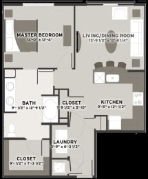 Wall One bedroom One bathroom Floor Plan at Residences at The Streets of St. Charles in St. Charles, Missouri