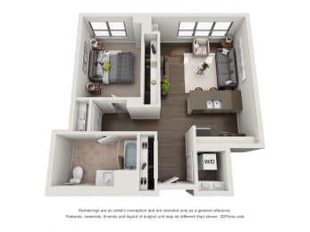1 Bed 1 Bath Plan 1C Floor Plan 731 sq. ft. at The Madison at Racine, Illinois, 60607