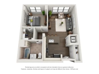 1 Bed 1 Bath Plan 1G 708 sq. ft. Floor Plan at The Madison at Racine, Chicago, Illinois