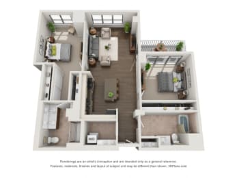 2 Bed 2 Bath Plan2I Floor Plan 1,275 sq. ft. at The Madison at Racine, Chicago, IL, 60607