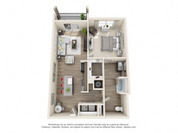 1 Bedroom 1 Bath A11a 3D Floor Plan Layout at The Edison Lofts Apartments, Raleigh, North Carolina