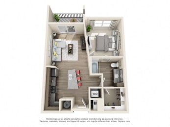 1 Bedroom 1 Bath A2 3D Floor Plan Layout at The Edison Lofts Apartments, Raleigh, 27601