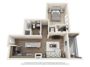 1 Bedroom 1 Bath A3 3D Floor Plan Layout at The Edison Lofts Apartments, Raleigh, NC, 27601