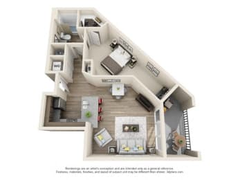 1 Bedroom 1 Bath A4 3D Floor Plan Layout at The Edison Lofts Apartments, Raleigh, 27601