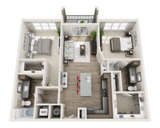 2 Bedroom 2 Bath B2 3D Floor Plan Layout at The Edison Lofts Apartments, Raleigh, NC