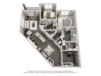 2 Bedroom 2 Bath B7 3D Floor Plan Layout at The Edison Lofts Apartments, Raleigh, NC