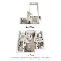 Penthouse 4 1st & 2nd Floor 3D Layout at The Edison Lofts Apartments, Raleigh, 27601