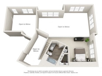 2nd Floor Penthouse 6 3D Layout at The Edison Lofts Apartments, Raleigh
