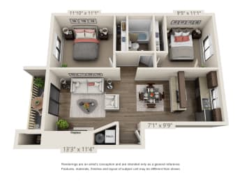 2 Bed 1 Bath Floor Plan at Hangar 128 Apartments, Everett, 98204