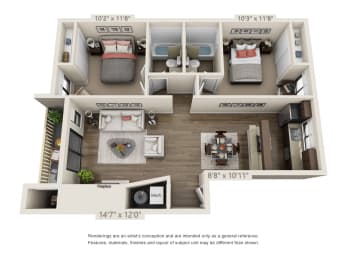 2 Bedroom 2 Bath Floor Plan at Hangar 128 Apartments, Everett