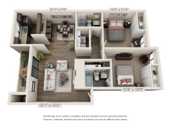 2 Bedroom 2 Bathroom Floor Plan at Hangar 128 Apartments, Washington