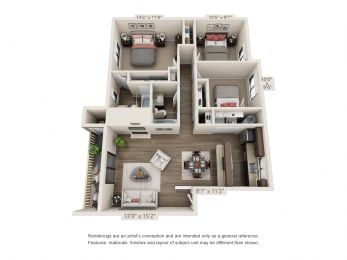 3 Bedroom 2 Bathroom Floor Plan at Hangar 128 Apartments, Washington, 98204