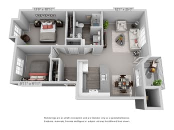 2 Bed 1 Bath Floor Plan at Fieldstone Apartments, Fairview, Oregon