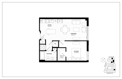 A floor plan of a house with a kitchen, living room, dining room, bathroom, and bedrooms.