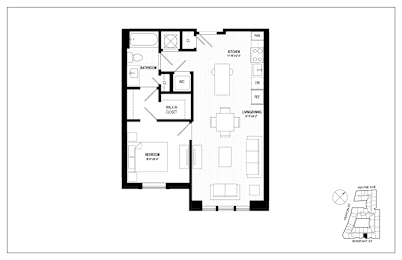 A floor plan of a house with a kitchen, living room, dining room, and bathroom.