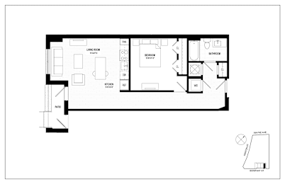 A floor plan of a house with a living room, dining room, kitchen, and two bathrooms.