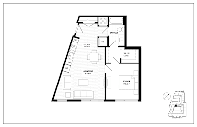A floor plan of a house with a kitchen, living room, dining room, and two bedrooms.
