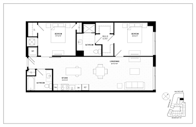 A floor plan of a house with two bedrooms, a living room, a kitchen, and a bathroom.