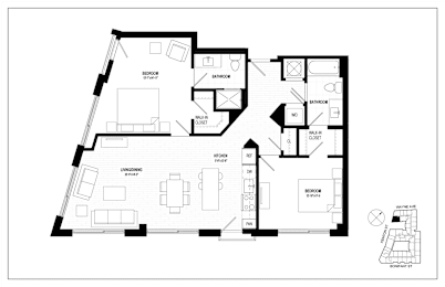 A black and white floor plan of an apartment with labeled rooms.