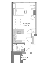 Bachelor, one bathroom apartment layout at 99 Jasper in Edmonton, AB