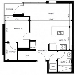 One bedroom plus den, one bathroom apartment layout at Yello On Yates in Victoria, BC