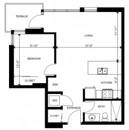 One bedroom plus den, one bathroom apartment layout at Yello On Yates in Victoria, BC