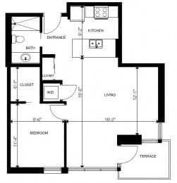 One bedroom, one bathroom apartment layout at Yello On Yates in Victoria, BC