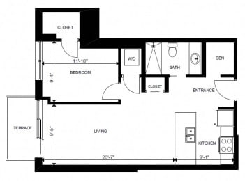 One bedroom plus den, one bathroom apartment layout at Yello On Yates in Victoria, BC